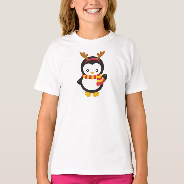 T-shirt Pingouin de Noël, Pingouin Avec Écharpe, Antlers (Devant)
