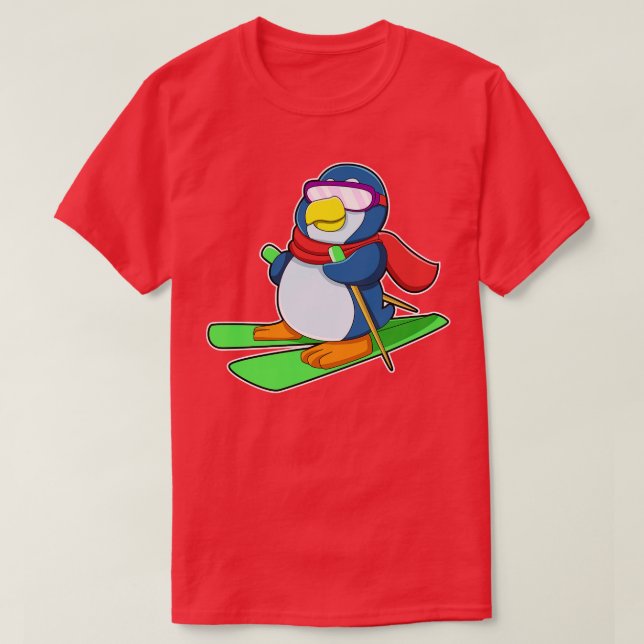 T-shirt Pingouin en ski avec lunettes de soleil à écharpe  (Design devant)