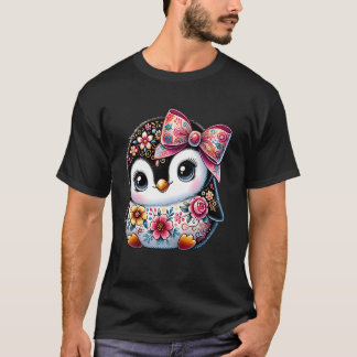 T-shirt Pingouin Floral Fleur Graphisme Filles Femmes Cu