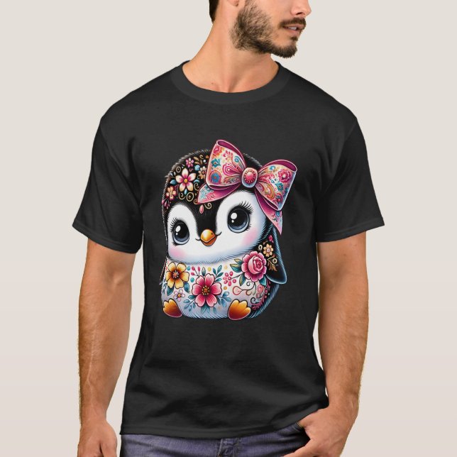 T-shirt Pingouin Floral Fleur Graphisme Filles Femmes Cu (Devant)