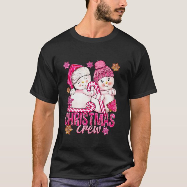 T-shirt Pink Christmas Crew Snowman Avec Sucre de canne Xm (Devant)