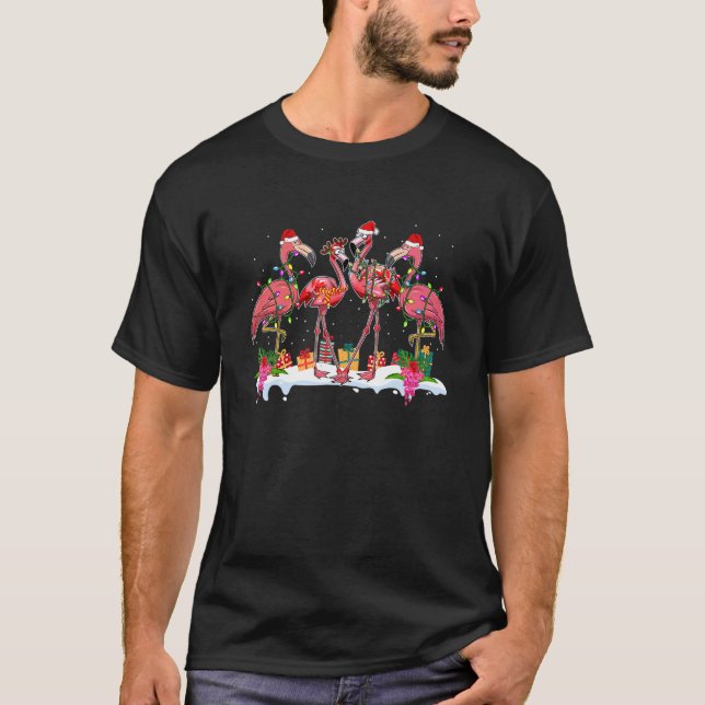 T-shirt Pink Flamingo Christmas Lighting Xmas Tree Santa H (Devant)