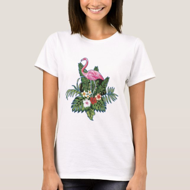 T-shirt Pink flamingo, hand painted, green leaves, (Devant)
