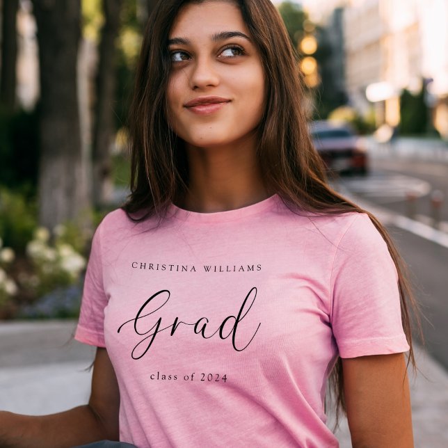 T-shirt Pink Graduate Moderne Élégant Script Graduation (Pink Graduate Modern Elegant Script Graduation T-Shirt)