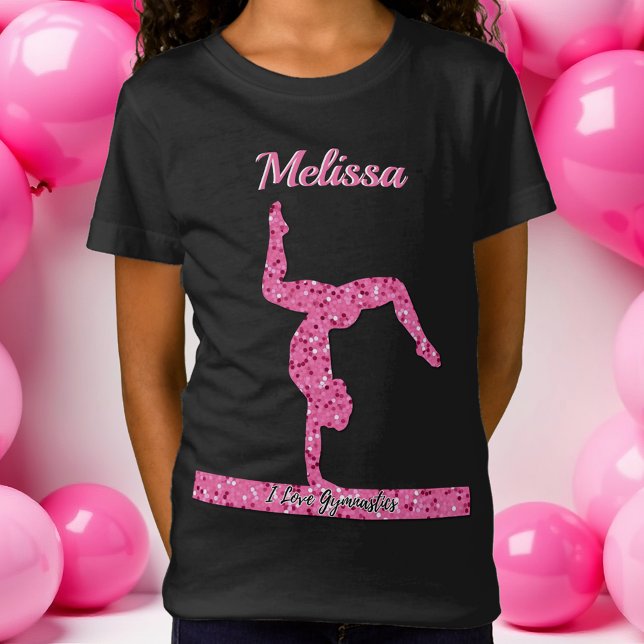 T-Shirt Pink Gymnastique Fille Éperche Balancier (Pink Gymnastics Girl Sparkle Balance Beam T-Shirt)