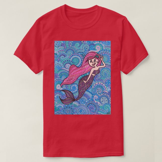 T-shirt Pink Haired Mermaid Zentangle (Design devant)