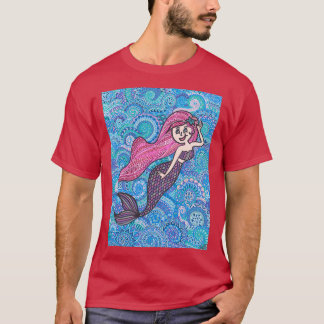 T-shirt Pink Haired Mermaid Zentangle