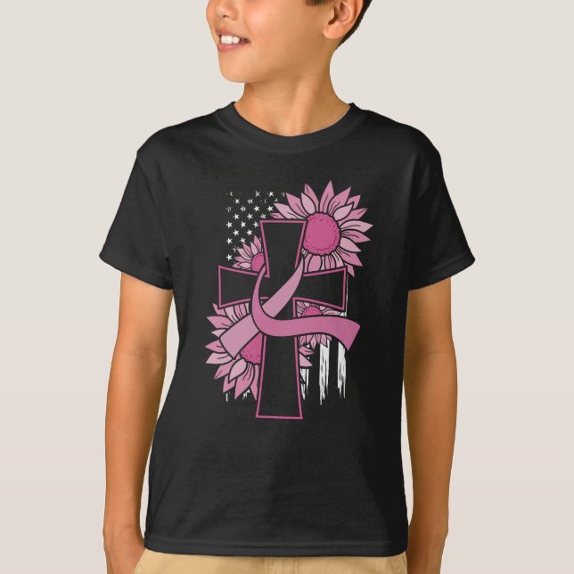 T-shirt Pink Ribbon Cross Sunflower Cancer du sein Foi (Devant)