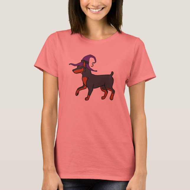 T-shirt Pinscher Miniature Noire avec Casquette de Sorcièr (Devant)