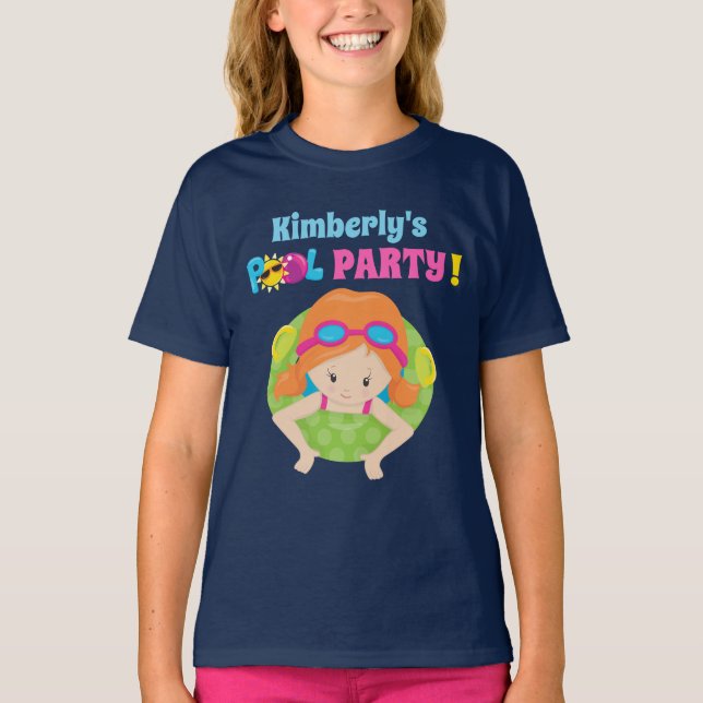 T-shirt Piscine fête rousse Anniversaire fille mignonne pe (Devant)