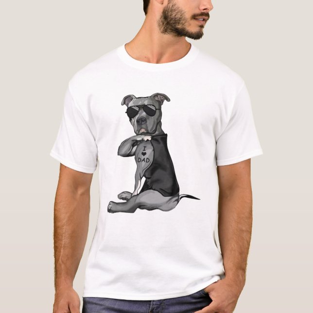T-shirt Pitbull Chien Tattoo I Love Papa - Fête des pères (Devant)