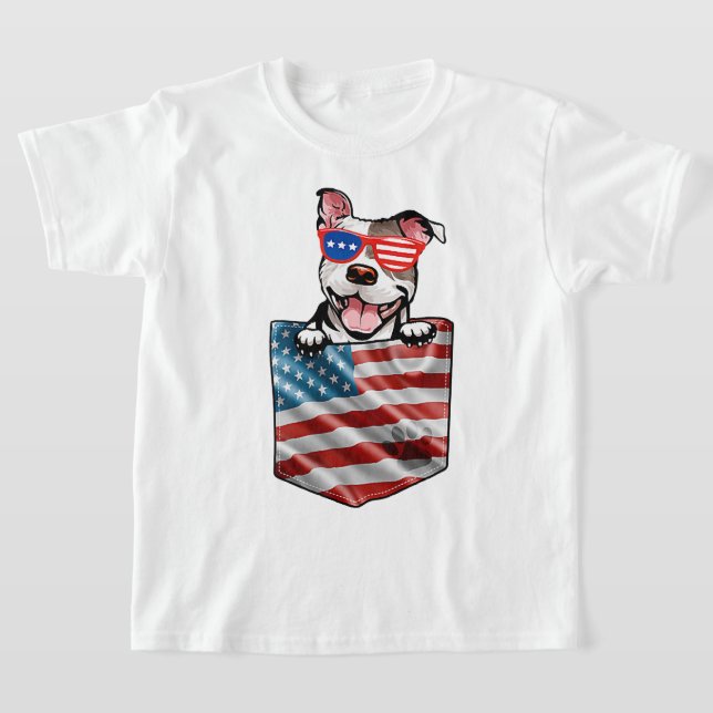 T-shirt Pitbull Dans Pocket Drapeau Américain Patriotique  (Poser)