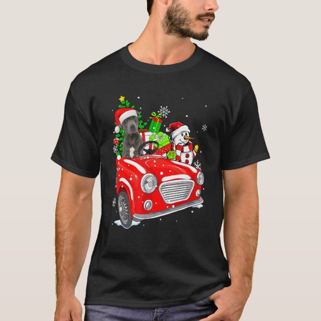 T-shirt Pitbull Dog Santa Hat Red Car Christmas (Devant)