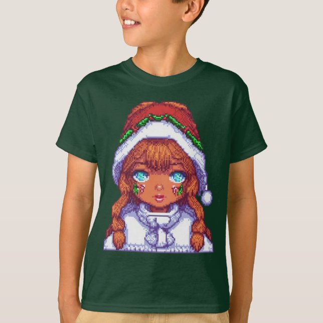 T-shirt Pixel art fille portant le chapeau de Père Noël (Devant)
