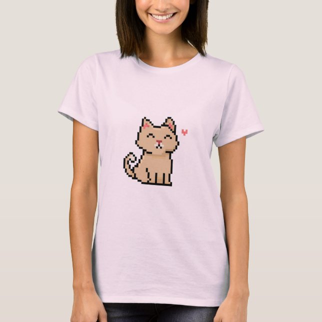 T-shirt pixel-gris-chat-assis-animal-animal-avec-coeur (Devant)