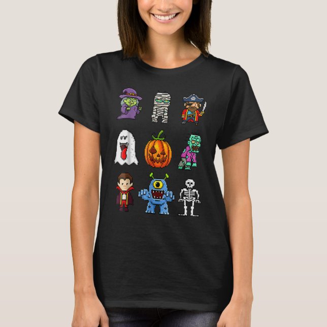 T-shirt Pixel Halloween Witch Pumpkin Boo Pirate Skeleton  (Devant)