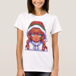 T-shirt Pixelart fille portant le chapeau du Père Noël