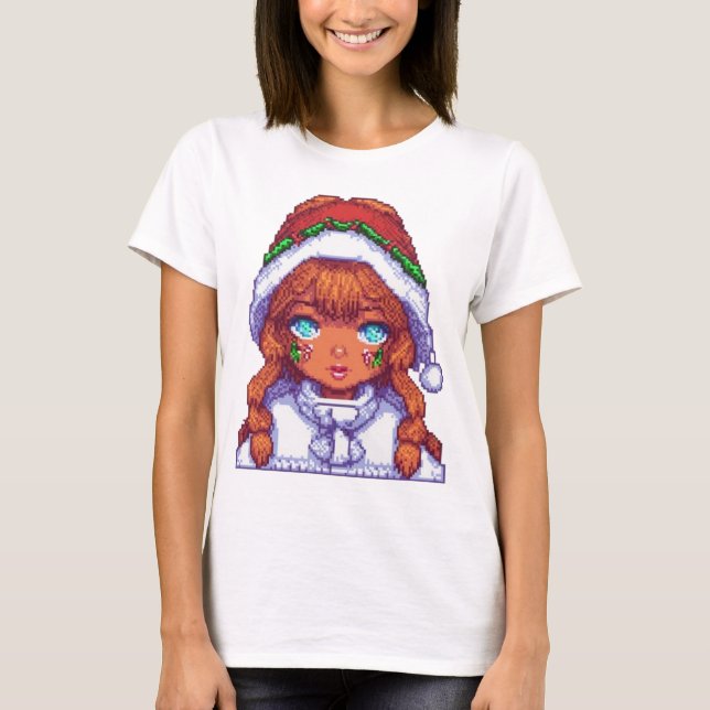 T-shirt Pixelart fille portant le chapeau du Père Noël (Devant)