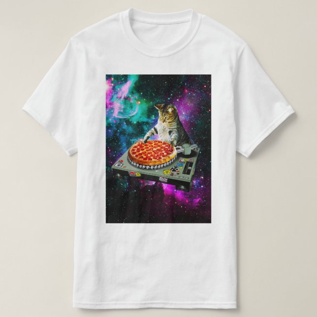 T-shirt Pizza de chat du DJ de l'espace (Design devant)