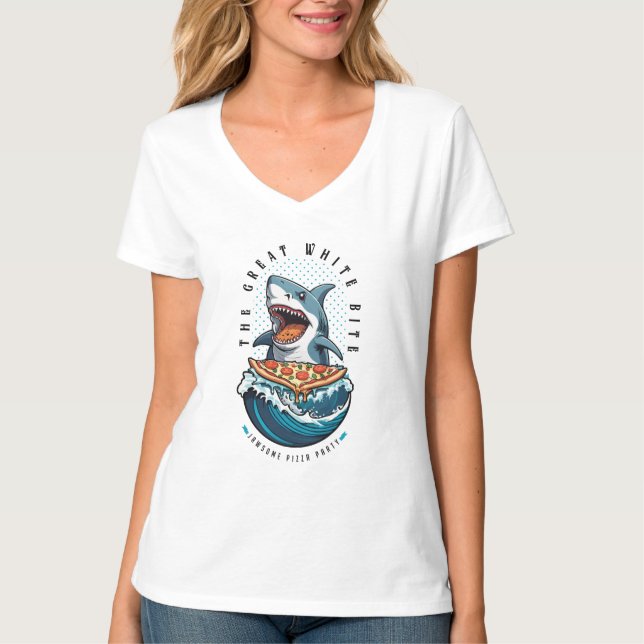 T-shirt Pizza pour manger des requins | Le Grand Bite Blan (Devant)