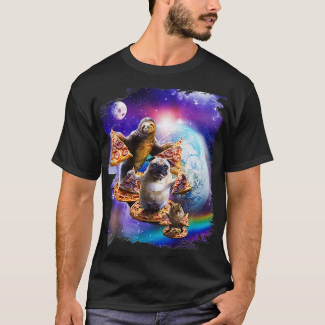 T-shirt Pizza Sloth Pug Hamster In Space Galaxy Funny (Devant)