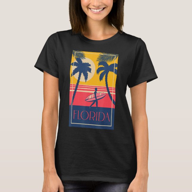 T-shirt Plage de Floride avec Palmiers et Surfer Retro Sun (Devant)