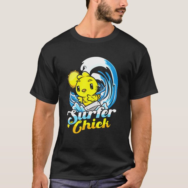 T-shirt Plage de surfer Chick Chicken Lorsque Wave Surfer  (Devant)