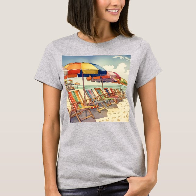 T-shirt Plage Parasols Océan Scène (Devant)