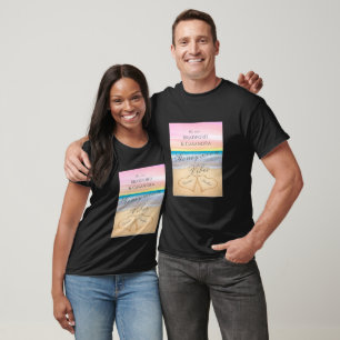 T-shirt Plage rose chic blush avec 2 cœurs dans le sable