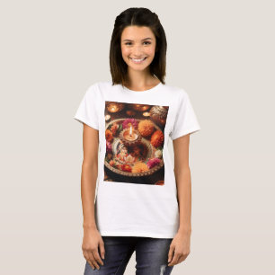 T-shirt plateau avec bougie et fleurs dessus