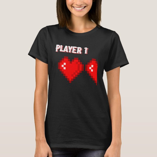 T-shirt Player 1 Retro 8bit Hearts Valentines Day Couples  (Devant)