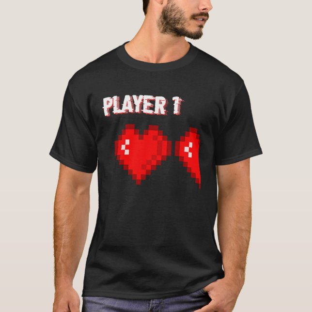 T-shirt Player 1 Retro 8bit Hearts Valentines Day Couples  (Devant)
