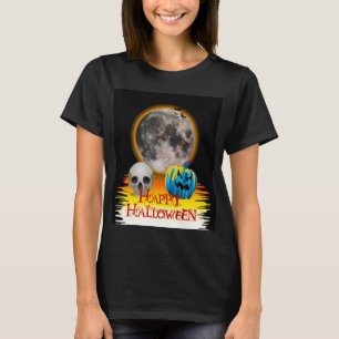 T-shirt Pleine lune, crâne et Citrouille bleu la nuit.
