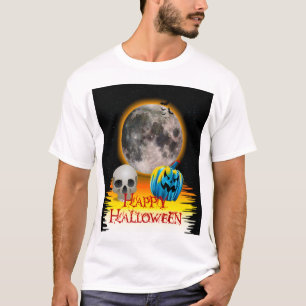 T-shirt Pleine lune, crâne et Citrouille bleu la nuit.