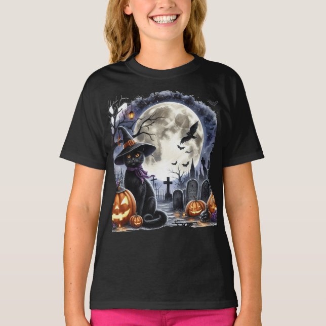 T-shirt Pleine lune d'Halloween éffrayante et chat noir (Devant)