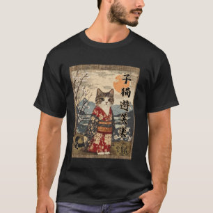 T-shirt Pleine lune Nuit Chat Mignon Kimono Fleurs Kanji Z
