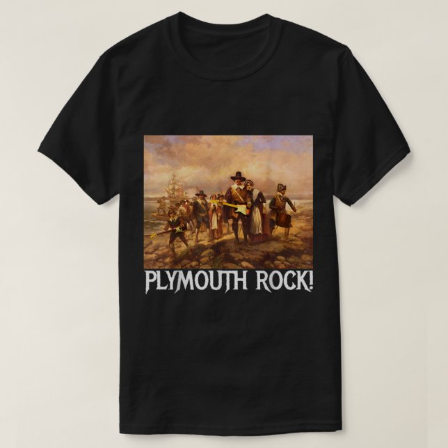T-shirt Plymouth Rock Thanksgiving Pilgrims Rocking Guitar (Design devant)