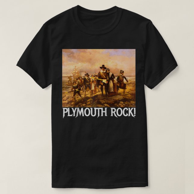 T-shirt Plymouth Rock Thanksgiving Pilgrims Rocking Guitar (Design devant)