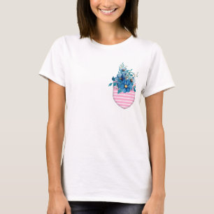 T-shirt Poche rose imprimée avec fleurs bleues