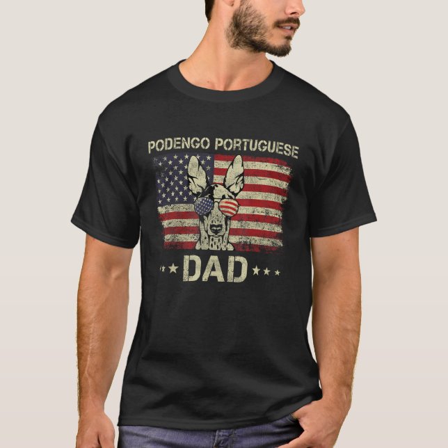 T-shirt Podengo Portugais Papa Chien Drapeau Américain 4e  (Devant)