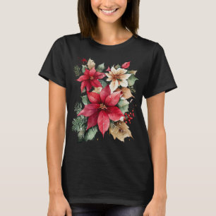 T-shirt Poinsettia Holly Berry Rouge Blanc Fleur Noël