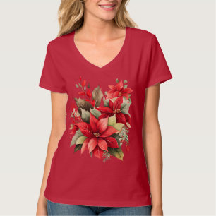 T-shirt Poinsettia Holly Berry Rouge Blanc Fleur Noël
