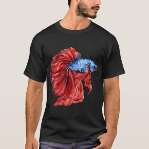 T-shirt Poisson combattant bleu-rouge aquarelle