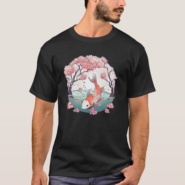 T-shirt Poisson koi dans l'étang nageant à côté de la fleu (Devant)