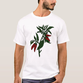 T-shirt Poivrons de piment rouge sur le plante vert-foncé