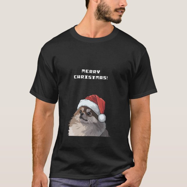 T-shirt Pomeranian Dog Merry Christmas Pixel  (Devant)