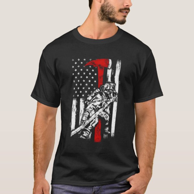 T-shirt Pompier Red Ax Distressed Fire American Drapeau (Devant)