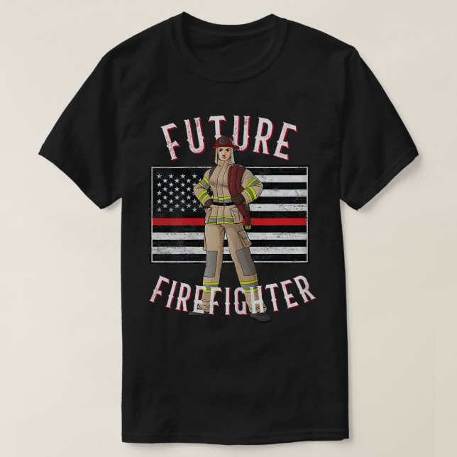 T-shirt Pompière ligne rouge fine pour futurs pompiers (Design devant)