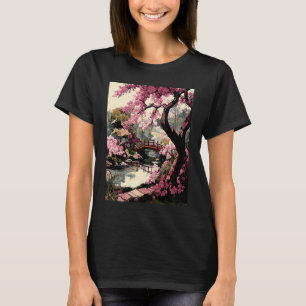 T-shirt pont de jardin japonais peinture de cerisier à fle