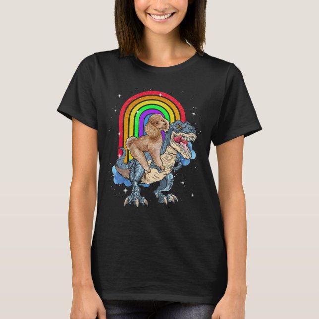 T-shirt Poodle équitation Dinosaur T rex arc en ciel (Devant)